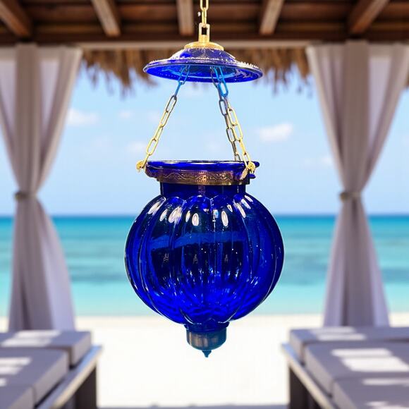 Vintage Cobalt Blue Hundi Glass Lantern-23'' Brass-Bell Pendant Hanging Light - Picture 11 of 13